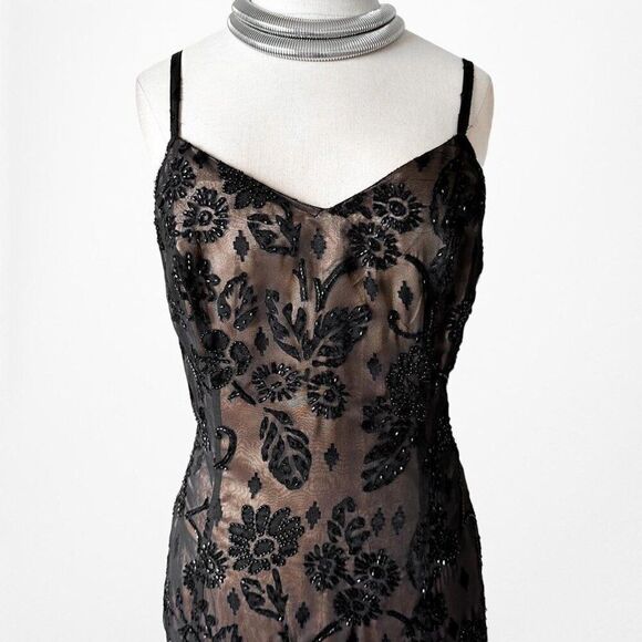 Vintage Brown Black Beaded Side Slit Bodycon Maxi Formal Prom Dress Size L - Picture 5 of 7